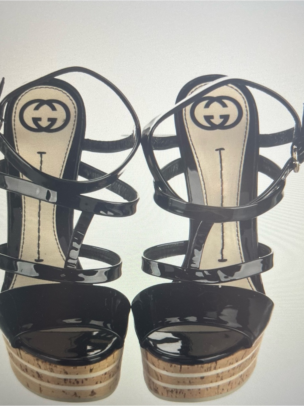 Gucci Black Patent Leather Strappy Cork Platform Wedges